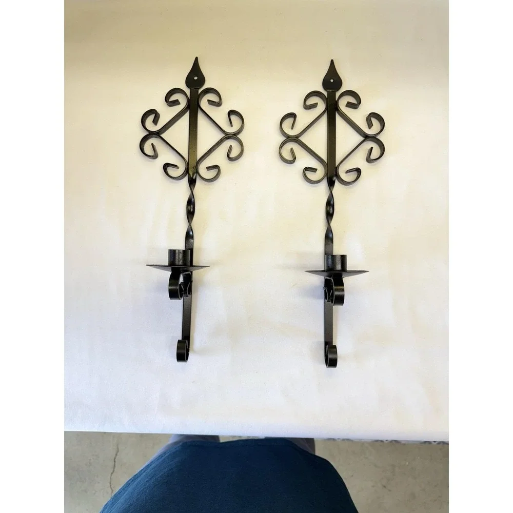 Pair Of Wrought Iron Gothic Southwest Style Wall Sconce Candle Holders 16.5